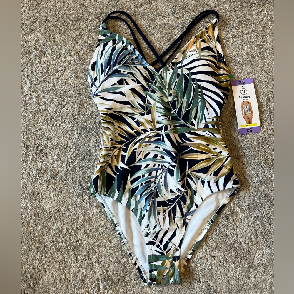 Hurley Tropical Palm Print One-Piece Swimsuit in Green, Navy & White